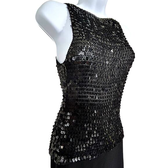 VINTAGE Black Sparkly Sequins Mesh Crochet Sleeveless Top Medium NWOT - Picture 2 of 11